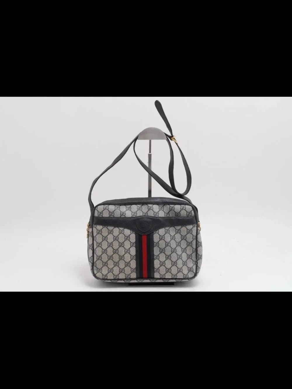 Gucci Navy GG Supreme Messenger Bag with Red-Green Stripe